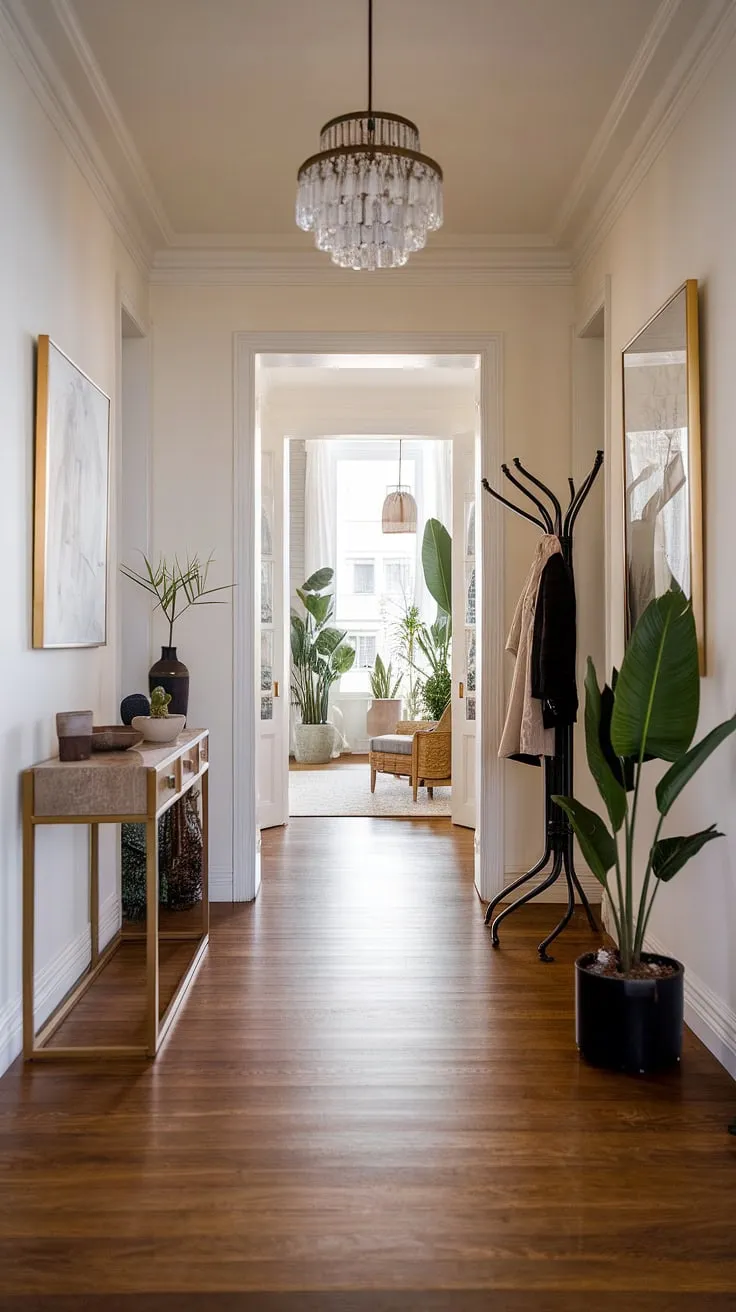 A sanctuary of calm awaits. This elegant entryway, featuring clean lines and a neutral palette, is the perfect blend of modern luxury and understated sophistication. The thoughtful placement of plants and artwork adds personality without compromising the space's tranquil ambiance.