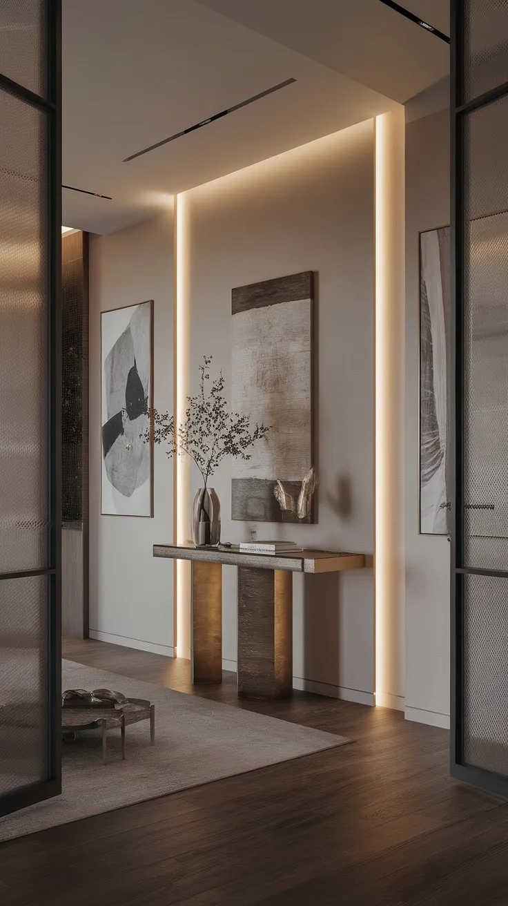A sanctuary of calm awaits. This modern entryway's minimalist design, featuring a sleek console table and carefully chosen artwork, exudes sophistication and tranquility. The warm lighting and natural elements create a welcoming ambiance, making it the perfect transition from the outside world to your peaceful haven.