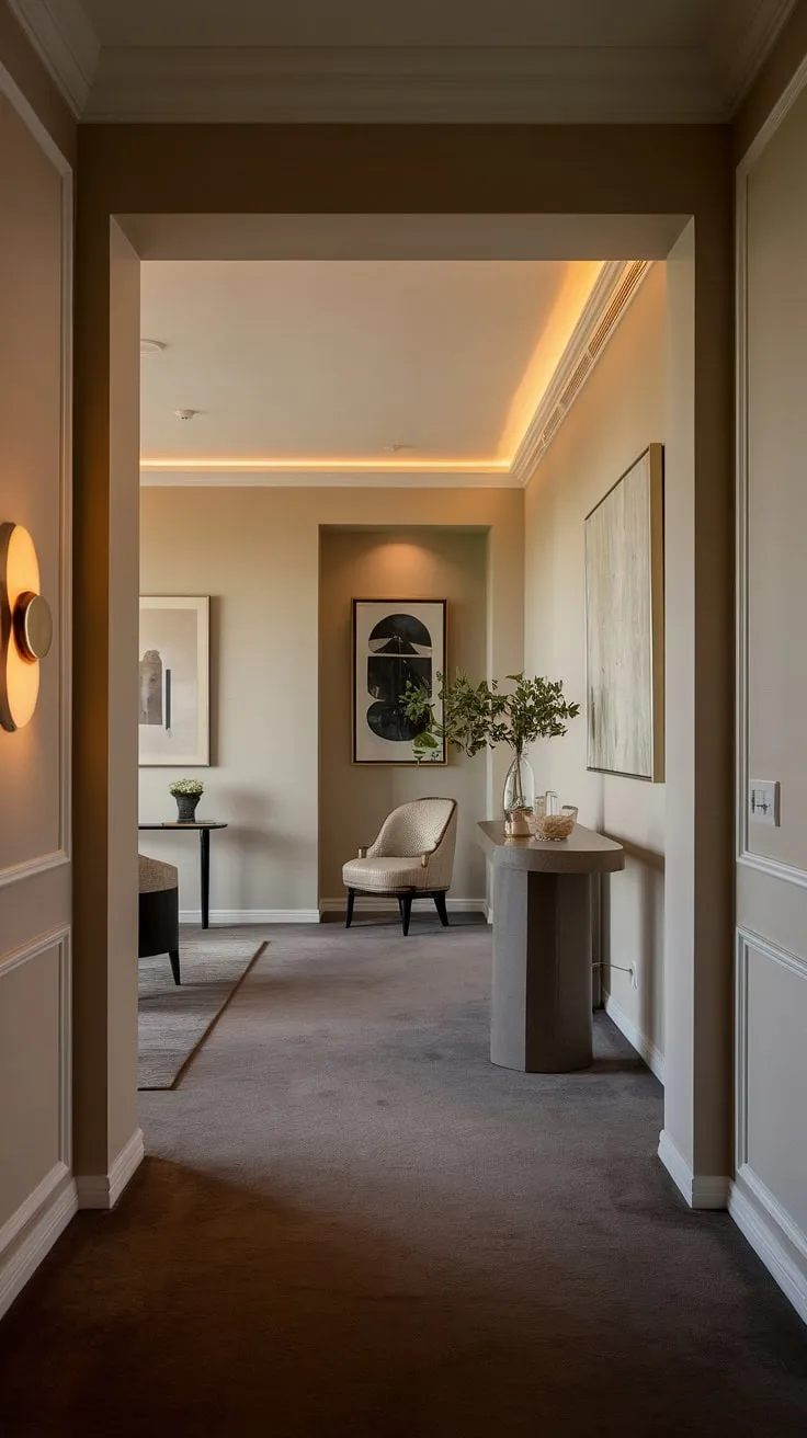 A sanctuary of calm awaits. This modern entryway, defined by its soft beige walls and dark gray carpet, offers a tranquil escape from the everyday. The minimalist console table, adorned with a few carefully chosen accents, adds a touch of personality without overwhelming the space. A true testament to the power of less.