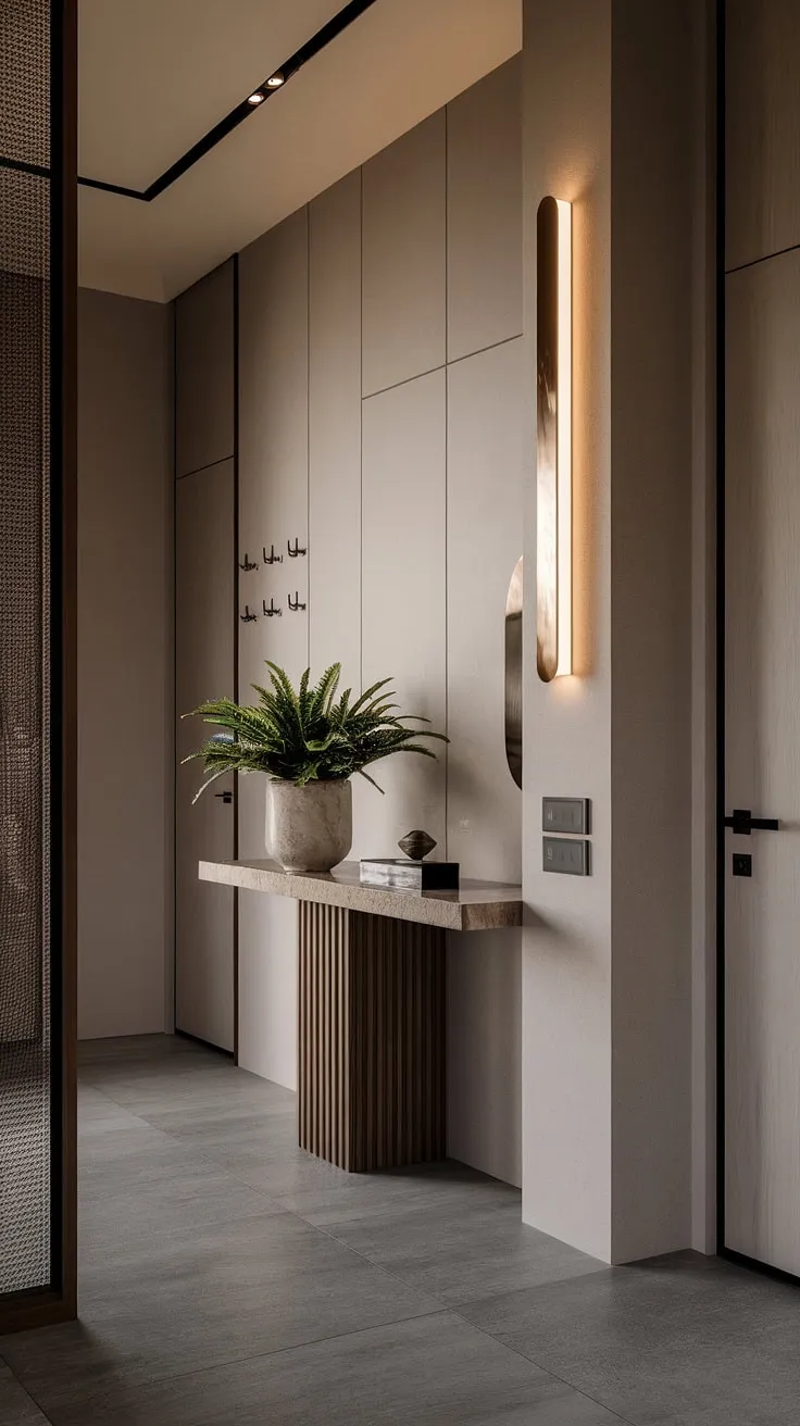Step into serenity. This minimalist entryway, with its calming gray tiles and thoughtfully chosen accents, sets the tone for the entire home. A perfect blend of form and function, it welcomes you with understated elegance.