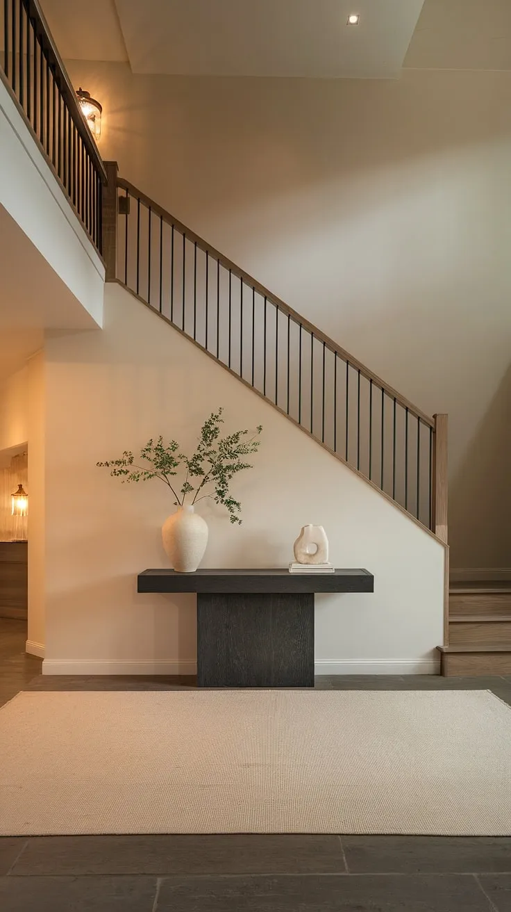 A study in serene simplicity. This modern entryway, featuring a neutral palette and clean lines, exudes calm sophistication. The a carefully curated details, from the minimalist console table to the subtle greenery, create a space that is both stylish and inviting.