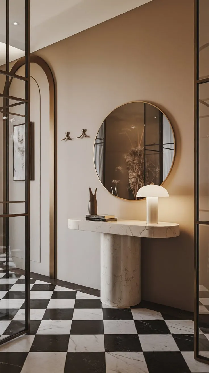 Step into understated elegance. This minimalist entryway, with its black and white checkered floor and calming beige walls, creates a welcoming and sophisticated first impression. The clean lines and thoughtful details, including the round mirror and simple console table, perfectly balance form and function. A truly inviting space.