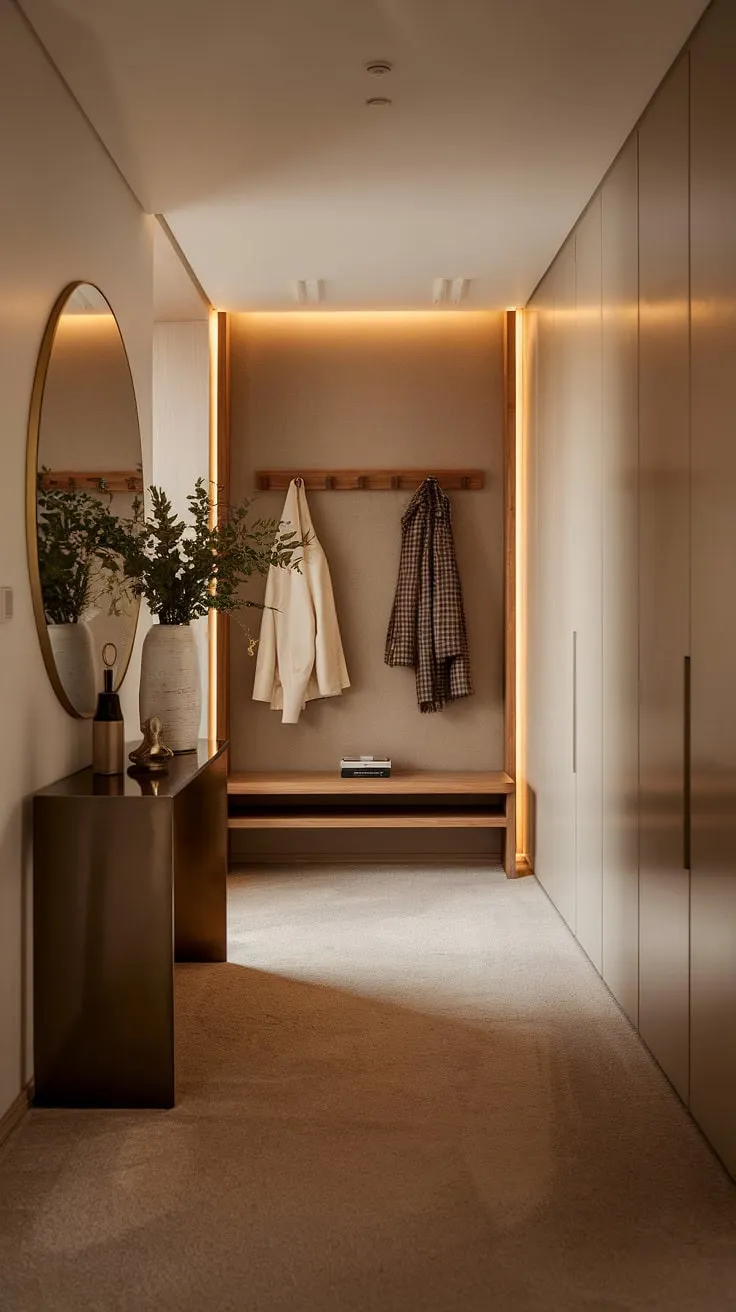A welcoming haven. The subtle textures and neutral palette of this entryway create a space that is both stylish and functional. The thoughtful details, from the convenient coat hooks to the comfortable wooden bench, ensure a seamless transition from the outside world to the tranquility within.