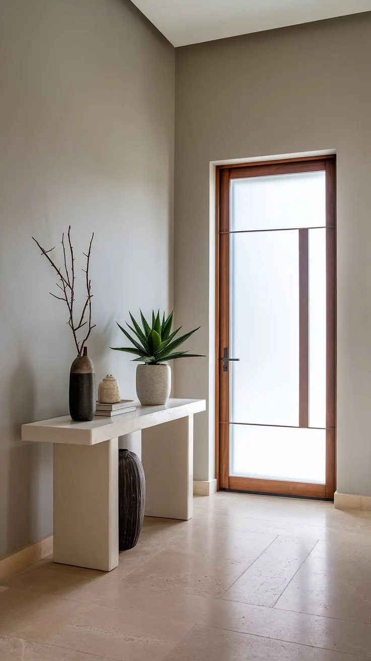 Step into serenity. This minimalist entryway, with its calming gray walls and subtly textured beige tile floor, sets a sophisticated tone for the home. A simple console table, adorned with a touch of greenery, completes the understated elegance.