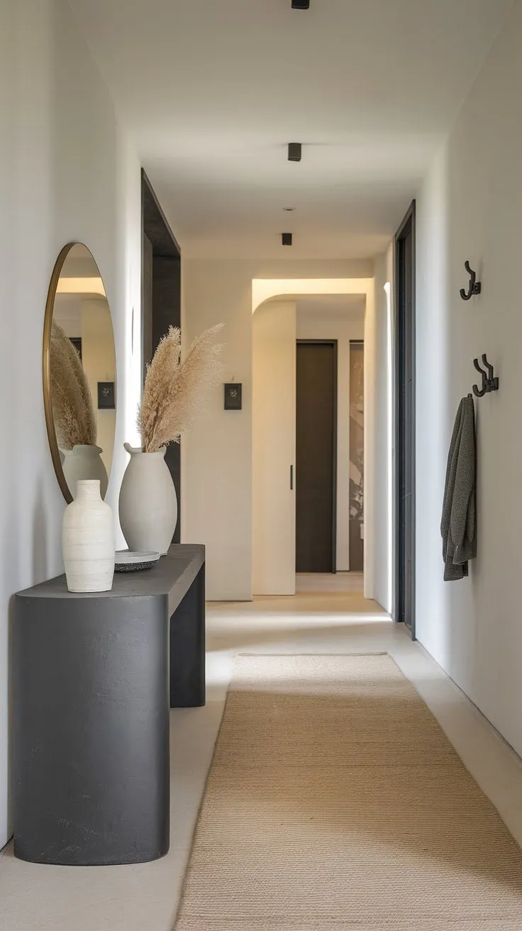 Step into understated elegance. This minimalist entryway, featuring a dark gray console table and a calming beige rug, sets a sophisticated tone for the home. The carefully curated details, from the simple white vase to the strategically placed round mirror, create a welcoming and serene atmosphere. A perfect blend of form and function.
