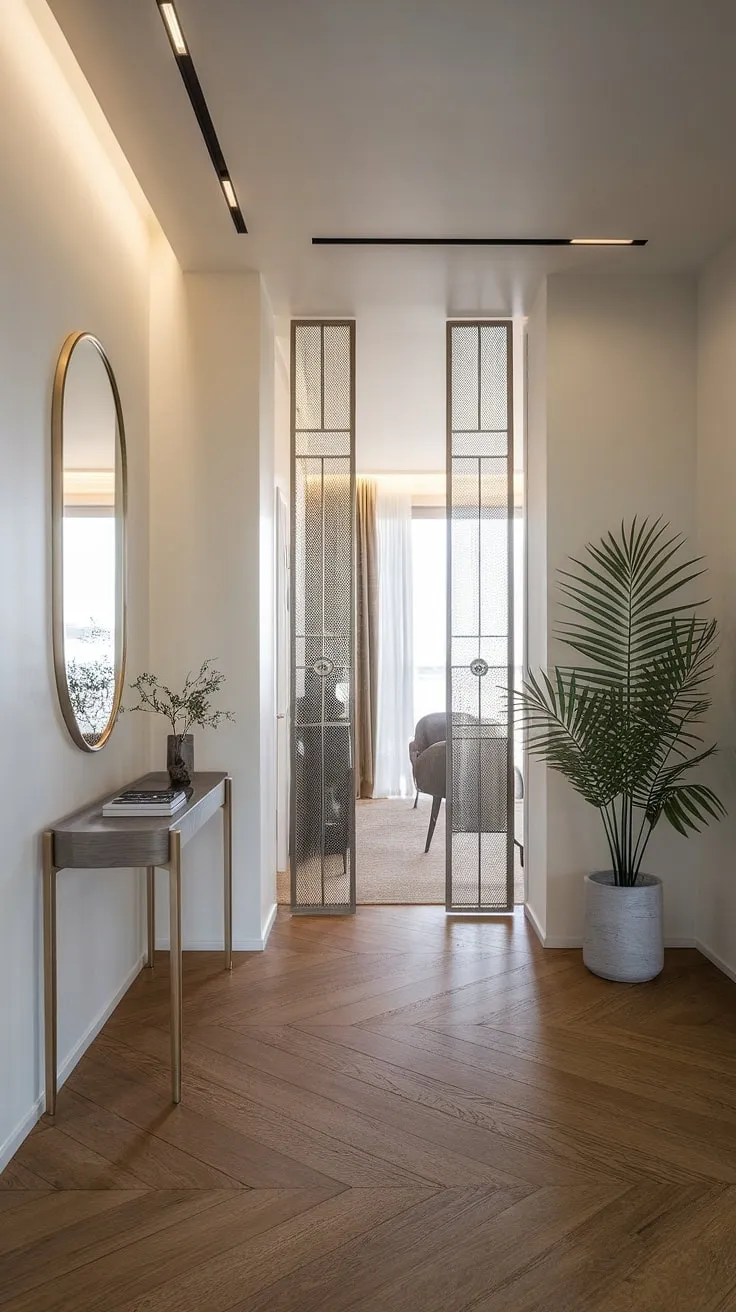 Step into serenity. This minimalist entryway, with its warm wood floors and carefully curated details, sets a calming tone for the entire home. A simple console table, a touch of greenery, and a strategically placed mirror create a welcoming and effortlessly chic atmosphere.