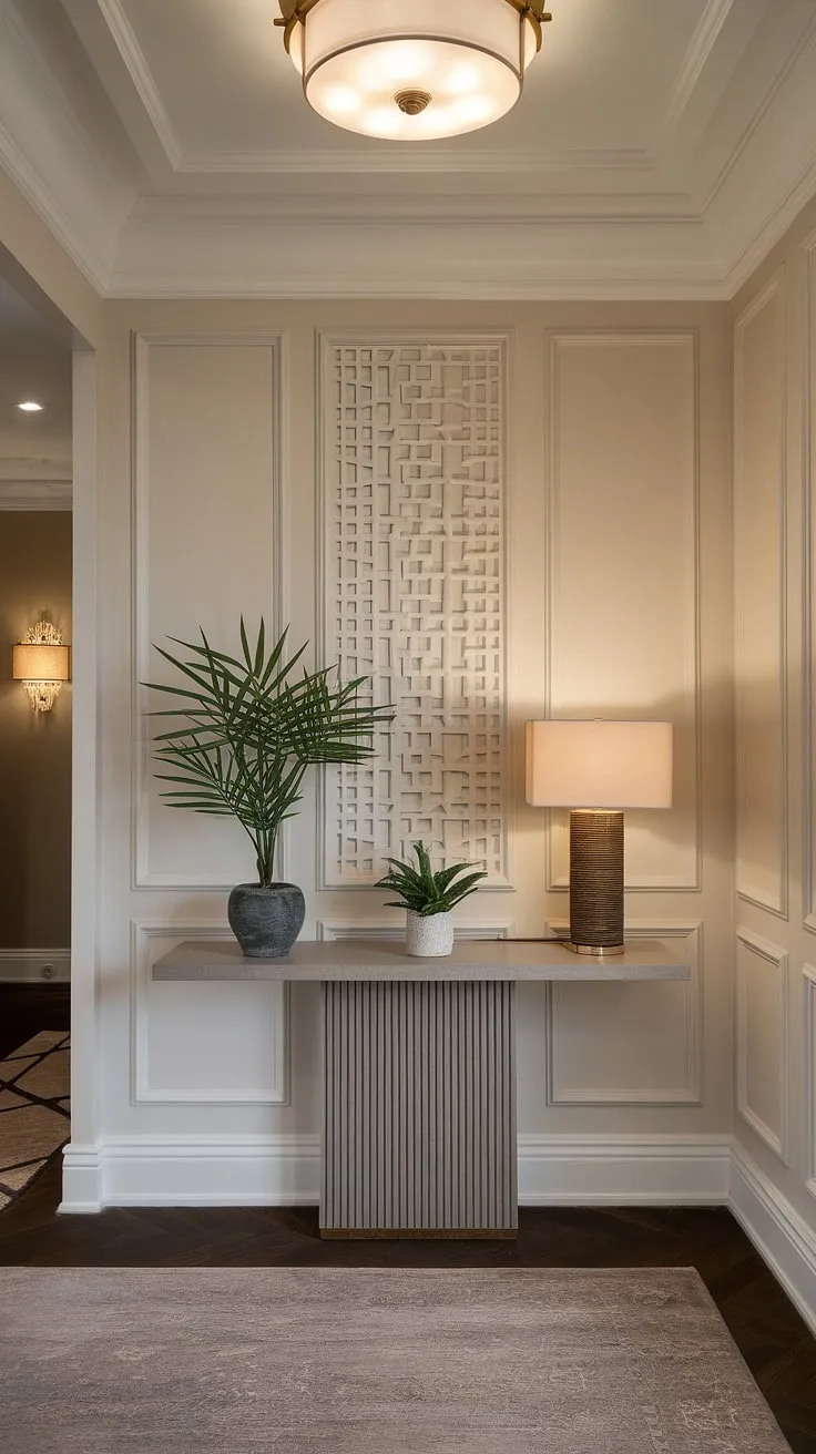 Step into understated elegance. This minimalist entryway, featuring a sleek console table, subtle lighting, and a textural rug, sets the tone for the entire home. The carefully curated details, from the decorative wall panel to the hallway sconce, create a welcoming and sophisticated atmosphere. A perfect blend of form and function.