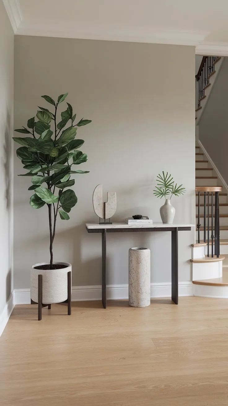 A tranquil haven awaits. This light-filled hallway, featuring a minimalist console table and a touch of greenery, exudes understated luxury. The subtle interplay of textures and the calming color palette create a sense of peace and quiet, making it the perfect welcome to any home. A space designed for both style and serenity.