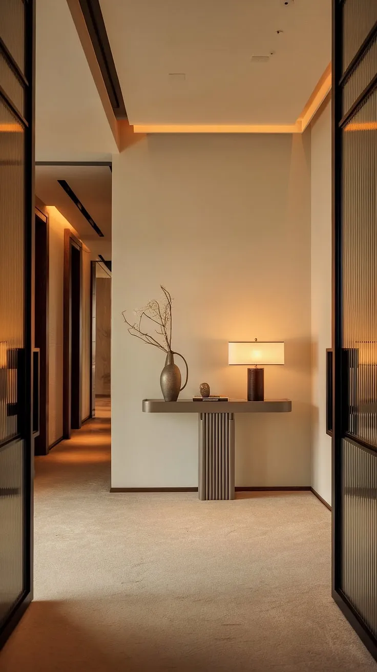 Step into serenity. This minimalist entryway, bathed in warm light, welcomes you home with understated elegance. A carefully curated collection of objects, including a simple vase and lamp, adds a touch of personality to the clean lines and neutral palette. A perfect blend of modern luxury and cozy comfort.