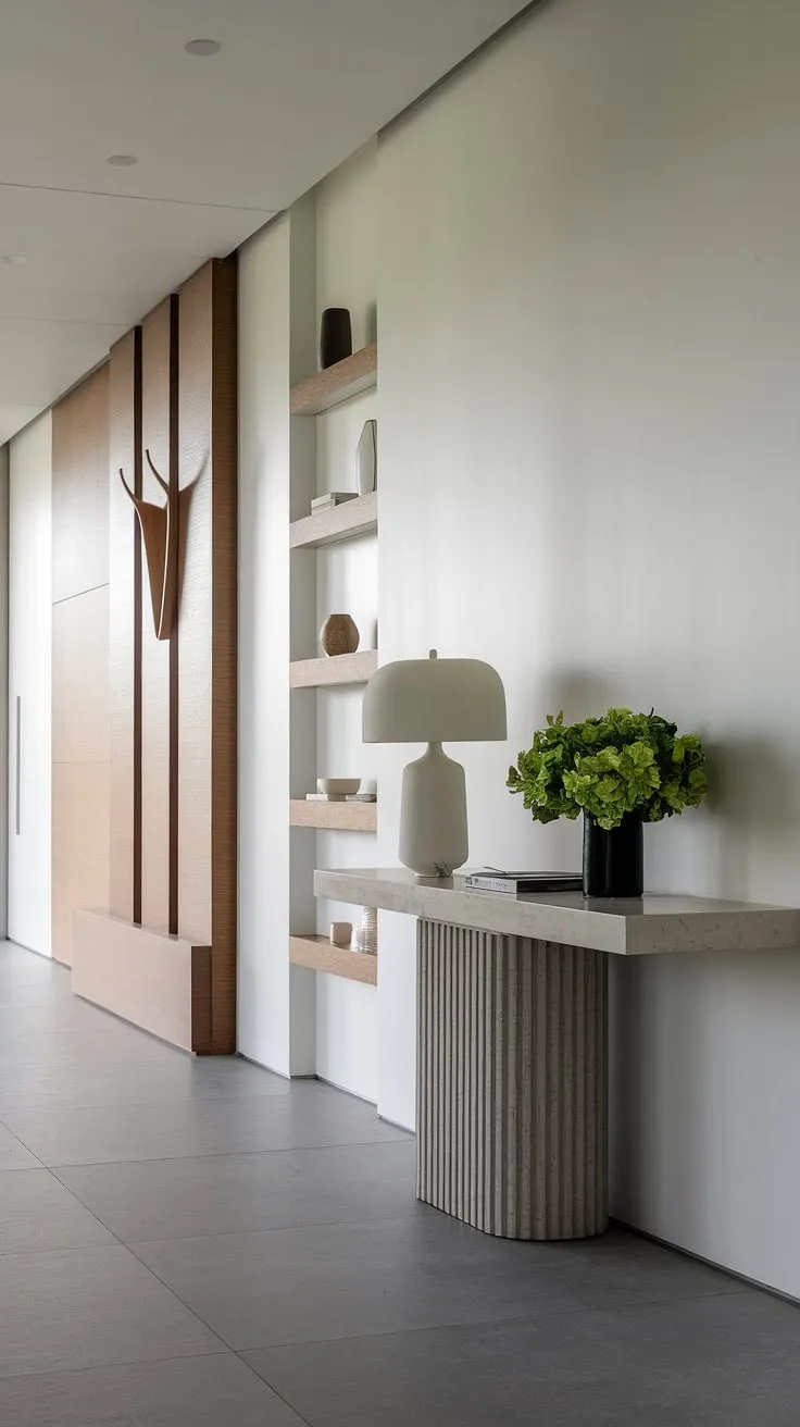 A study in understated elegance. This modern entryway showcases the beauty of simplicity. The carefully curated details, from the sleek console table to the thoughtfully placed greenery, create a tranquil and inviting a atmosphere perfect for unwinding after a long day.