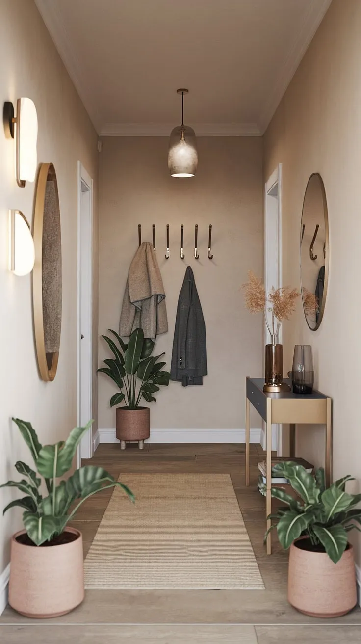 Step into serenity. This minimalist entryway, bathed in the warm glow of the hanging lamp, welcomes you home with its understated elegance. The beige rug underfoot adds a touch of cozy comfort, while strategically placed plants and minimalist decor create a tranquil atmosphere. A perfect blend of form and function, this space effortlessly balances style and practicality.