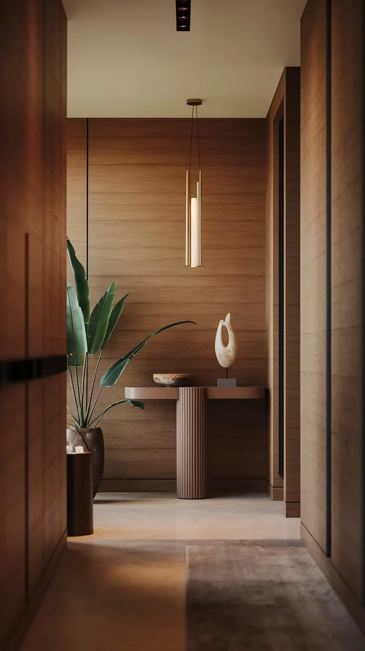 A thoughtfully designed space where modern minimalism meets warmth. The rich wood tones, the soft light, and the carefully chosen accents-a plant, a sculpture, a console table-all contribute to a welcoming atmosphere. A truly tranquil entryway.