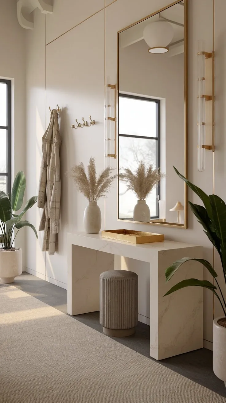 The perfect blend of form and function. This modern entryway, featuring a minimalist design and subtle gold accents, creates a calming and sophisticated first impression. A simple yet stylish space, ready to greet you after a long day.