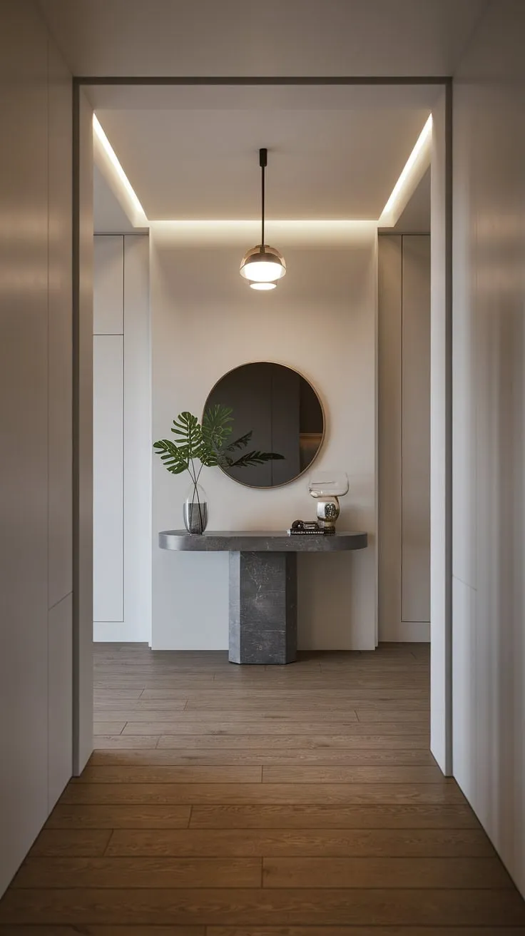 Step into serenity. This minimalist entryway, with its sleek gray console and calming white walls, sets the tone for the entire home. The carefully curated details, from the verdant plant to the perfectly placed mirror, create a welcoming and sophisticated ambiance. A perfect blend of form and function, it's a space that effortlessly exudes understated elegance.