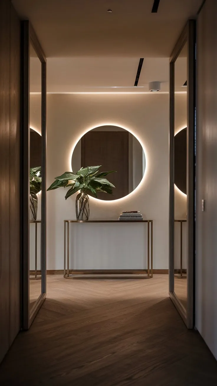 A hushed elegance pervades this modern entryway. The soft light, clean lines, and thoughtful placement of a single green plant against the white wall create a space that is both sophisticated and welcoming. A minimalist console table and a large, round mirror add subtle yet impactful design elements.