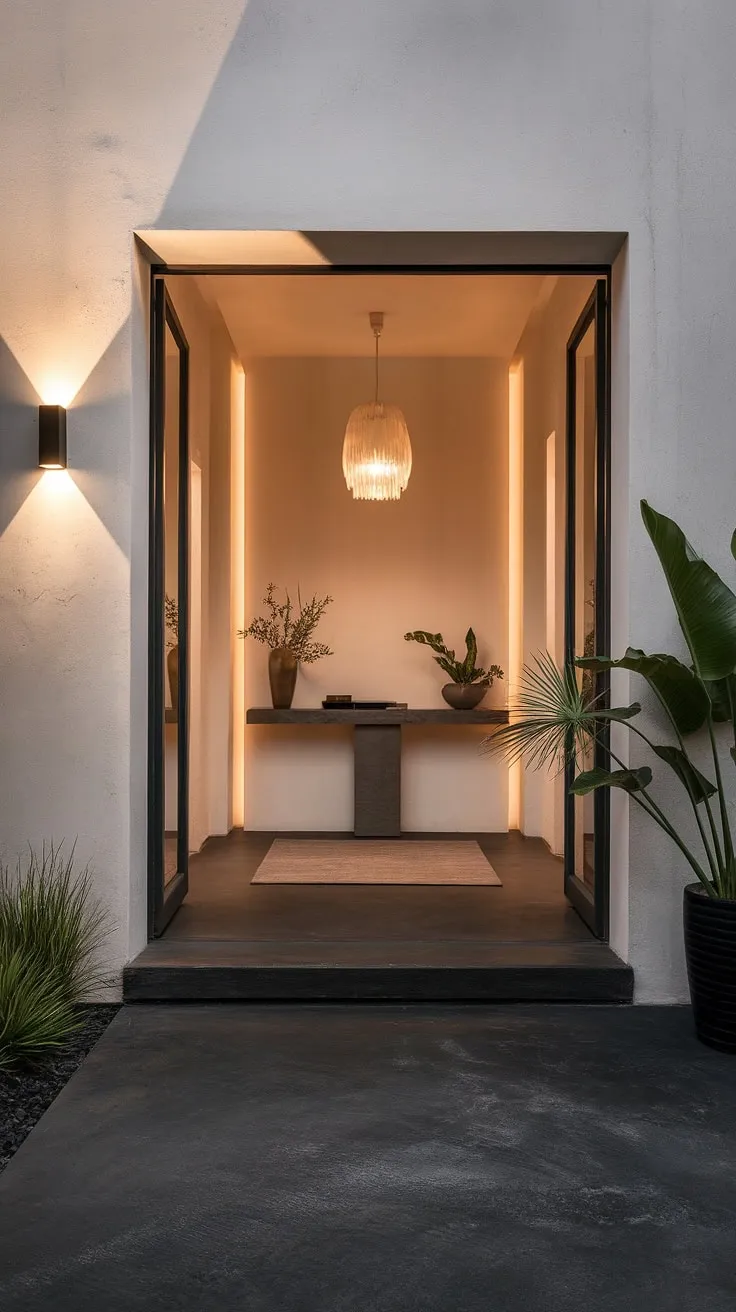 The understated elegance of this entryway speaks volumes. A carefully curated collection of textures and tones-from the cool gray concrete to the warm light-creates an inviting atmosphere. The minimalist design allows the natural light and carefully chosen plants to shine, making a powerful statement without being overwhelming.