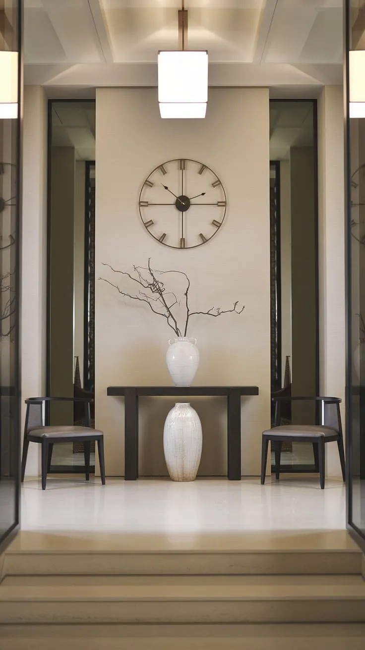 Step into serenity. This minimalist entryway, with its dark console table, clean lines, and subtle pops of white, sets the tone for the entire home. A perfect blend of modern luxury and understated elegance.