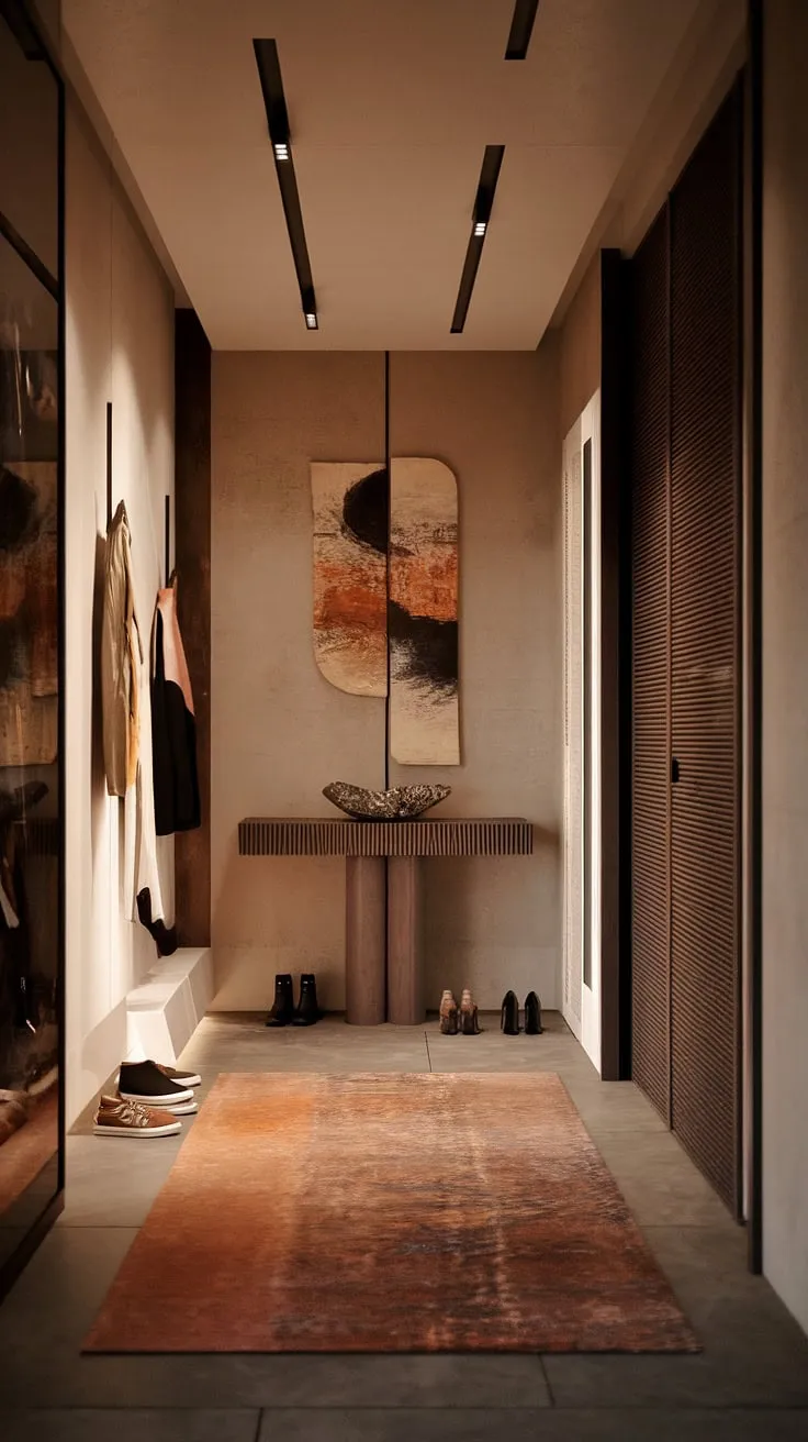 Step into understated elegance. This minimalist entryway, with its warm rug and carefully curated details, welcomes you home. A sense of calm pervades, a testament to the power of thoughtful design. A perfect blend of comfort and sophistication.