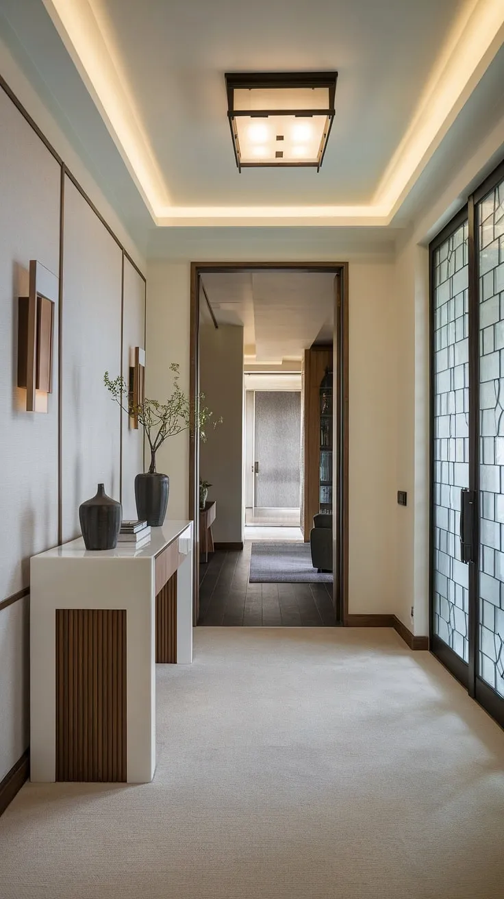 Step into serenity. This minimalist entryway, with its clean lines and warm wood accents, sets a welcoming tone for the entire home. The subtle lighting and carefully curated details create a space that is both stylish and effortlessly inviting. A perfect blend of modern luxury and understated elegance.
