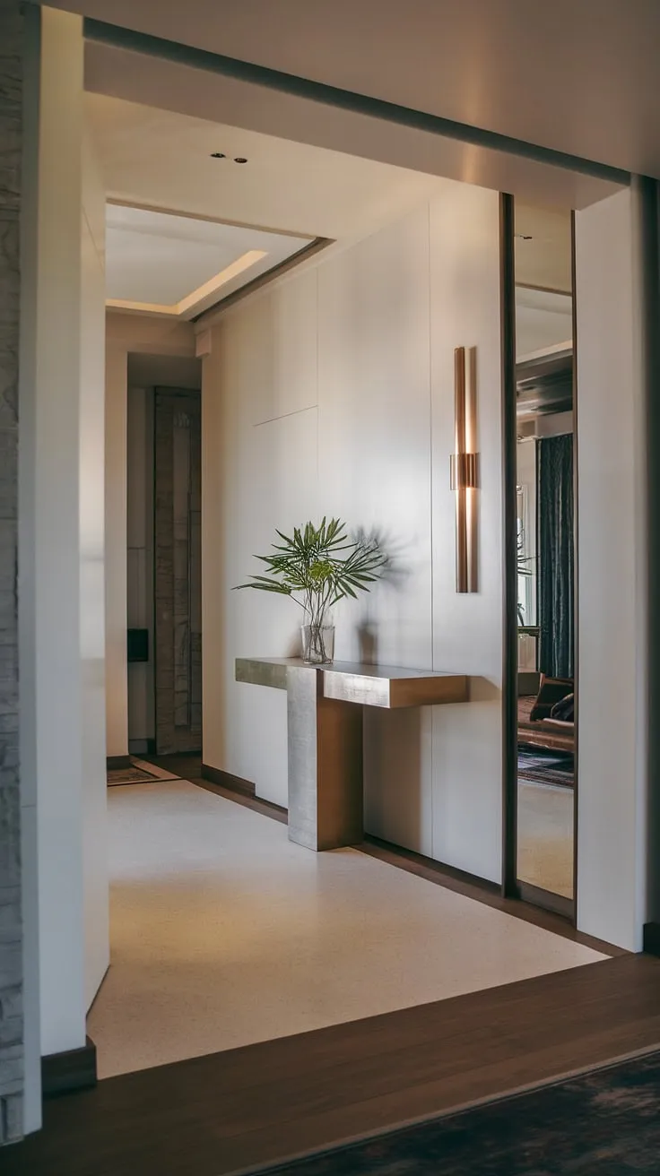 Step into serenity. This minimalist entryway, with its sleek console table and calming plant, sets the tone for a home filled with understated elegance and a quiet sophistication. The interplay of light and dark wood flooring adds a touch of warmth.