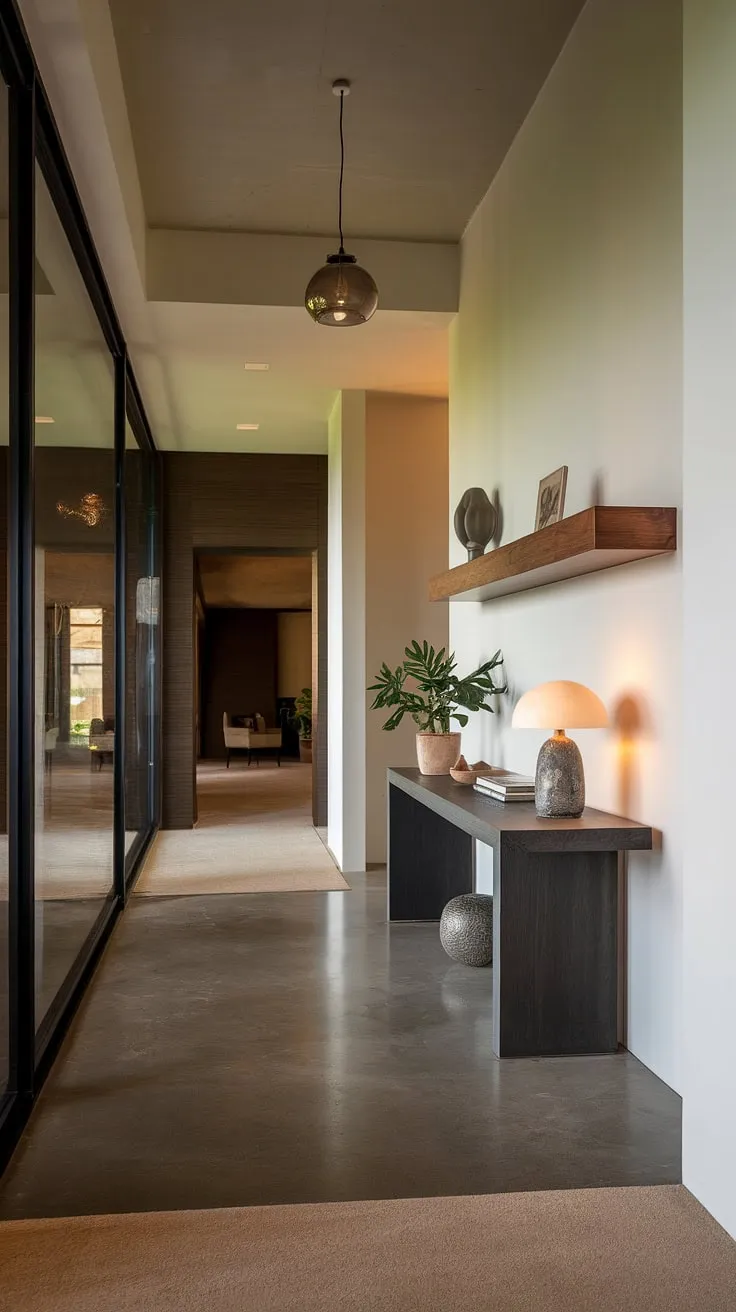 A sanctuary of calm awaits. This modern entryway seamlessly blends minimalist aesthetics with warm, inviting textures. The interplay of polished concrete, soft beige carpet, and the dark grey console table creates a sophisticated yet relaxed atmosphere. A thoughtfully designed space that sets the tone for the entire home.