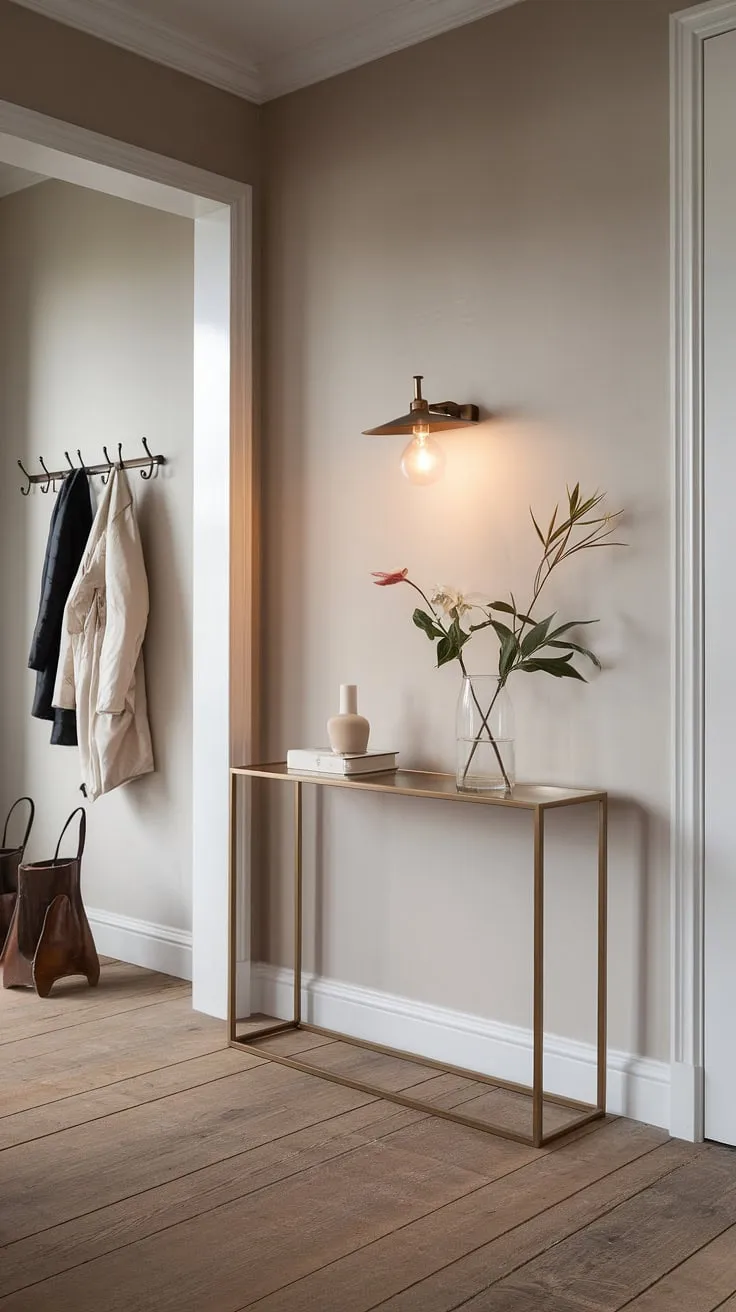 Step into serenity. This minimalist entryway, with its warm wood floors and carefully curated details-a simple console table holding a vase of fresh flowers, a subtle wall lamp, and thoughtfully placed coat hooks-sets a calming tone for the day ahead. A perfect blend of form and function, it's a testament to the power of less.