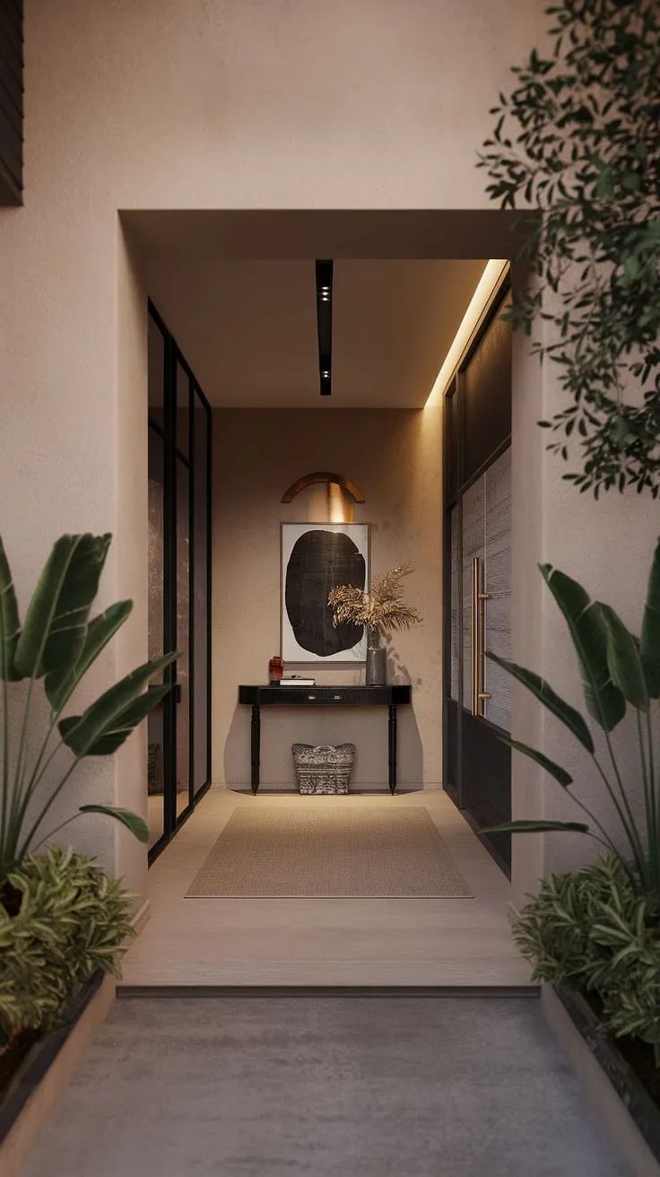 A sanctuary of calm awaits. This modern entryway, designed with a minimalist aesthetic, showcases the refined living experience offered in this residential building. The black console table, subtle lighting, and plush rug contribute to an atmosphere of understated luxury. A perfect blend of style and tranquility.