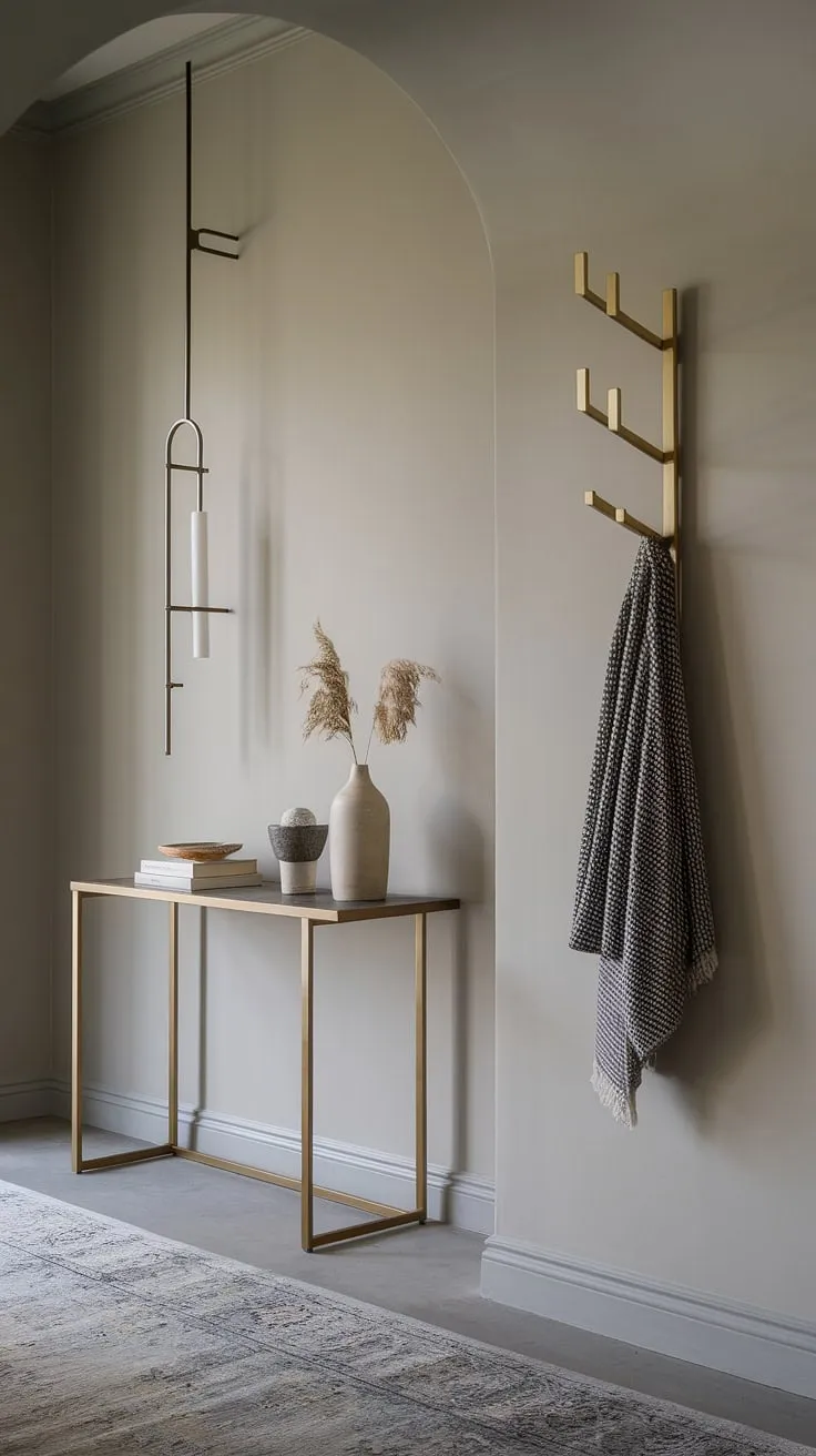 A sanctuary of calm awaits. This modern entryway, painted in a soothing grey, welcomes you with a minimalist design that's both stylish and practical. The carefully chosen furniture and accessories, including the a striking patterned rug, create a space that is both inviting and effortlessly chic.