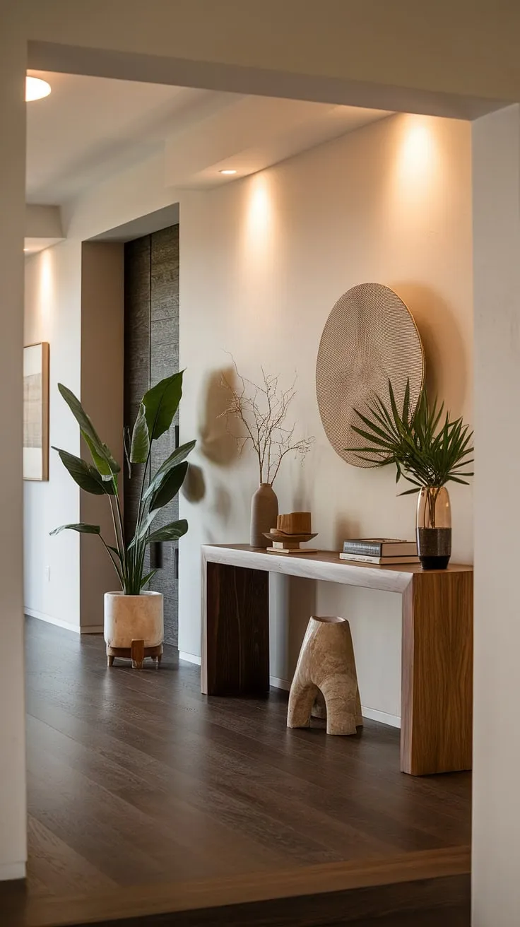 Modern minimalism meets cozy comfort. This entryway's light color palette and sleek lines are balanced by the warmth of the wooden console table and the vibrant greenery. The carefully chosen accessories add personality without sacrificing the clean aesthetic, creating a space that is both stylish and inviting.
