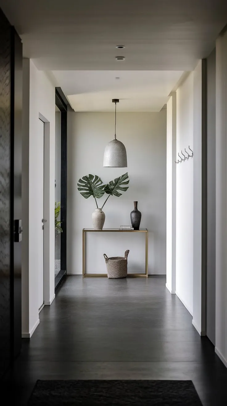Step into serenity. This minimalist entryway, bathed in natural light, sets a sophisticated tone for the home. The clean lines and carefully curated details-a simple console table, a touch of greenery-create a welcoming and effortlessly chic atmosphere. A perfect blend of form and function.