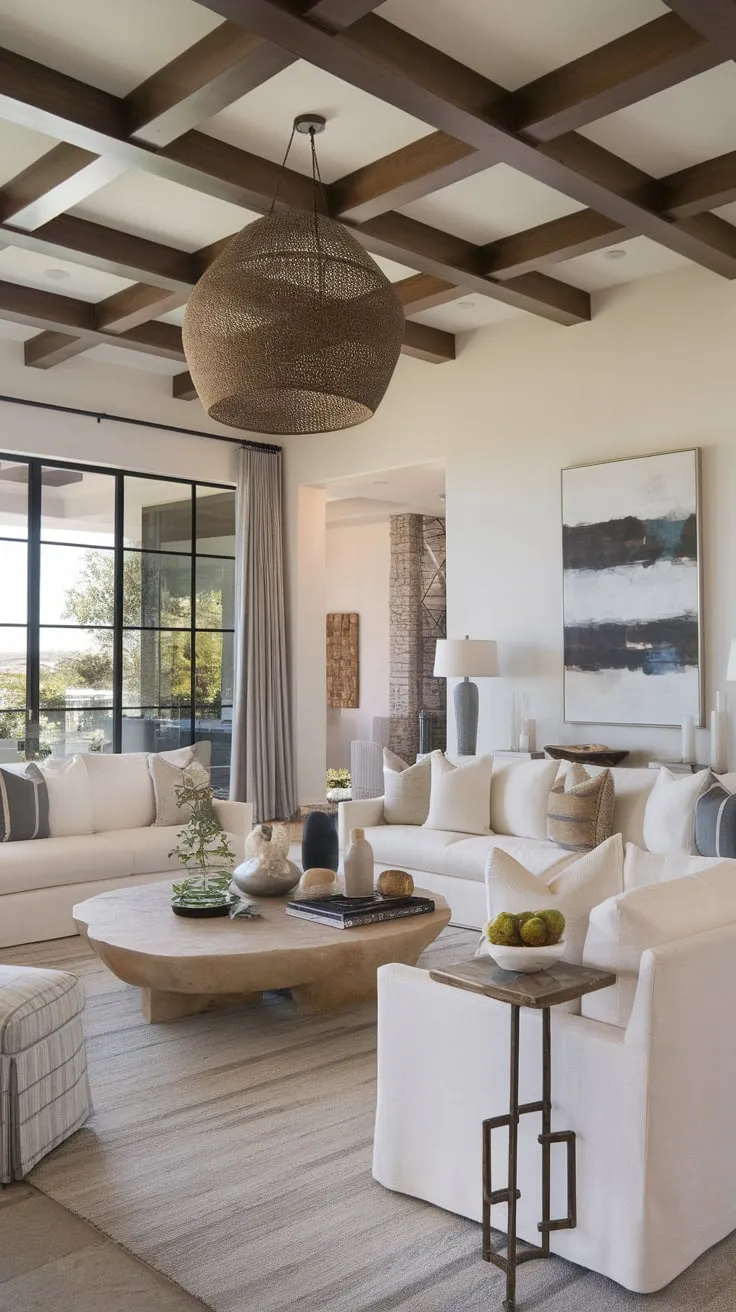 This Spanish-style home's kitchen-adjacent living room offers a luxurious blend of Santa Fe, coastal contemporary, and organic modern aesthetics.