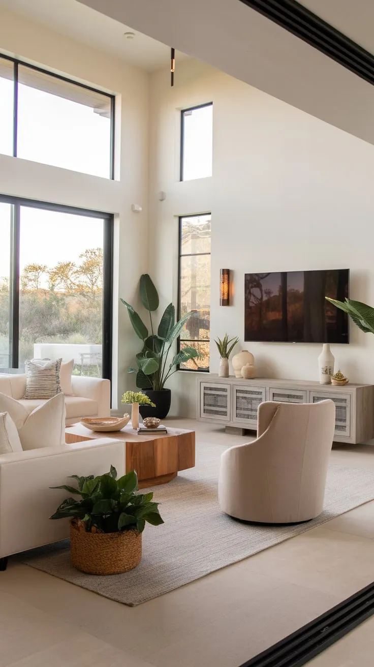 Organic modern design defines this luxurious living room, featuring a calming palette and natural elements against a backdrop of expansive outdoor views.