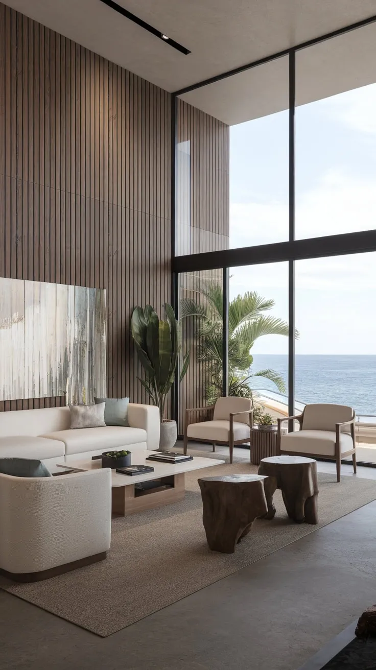 Coastal contemporary style meets modern luxury in a living room featuring white sofas, concrete floors, and breathtaking ocean vistas.
