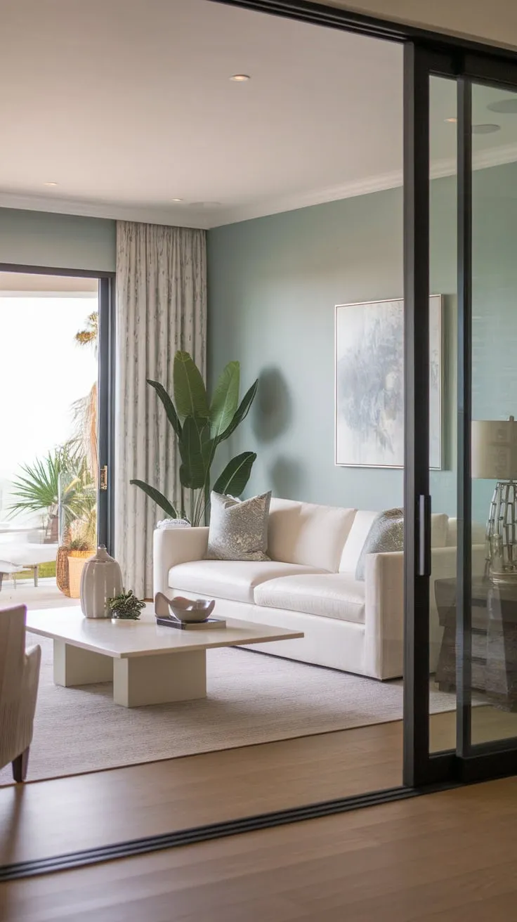 A serene coastal-inspired living room, blending Spanish and Santa Fe styles, offers modern luxury with light blue walls, white furnishings, and a view to the outdoors.