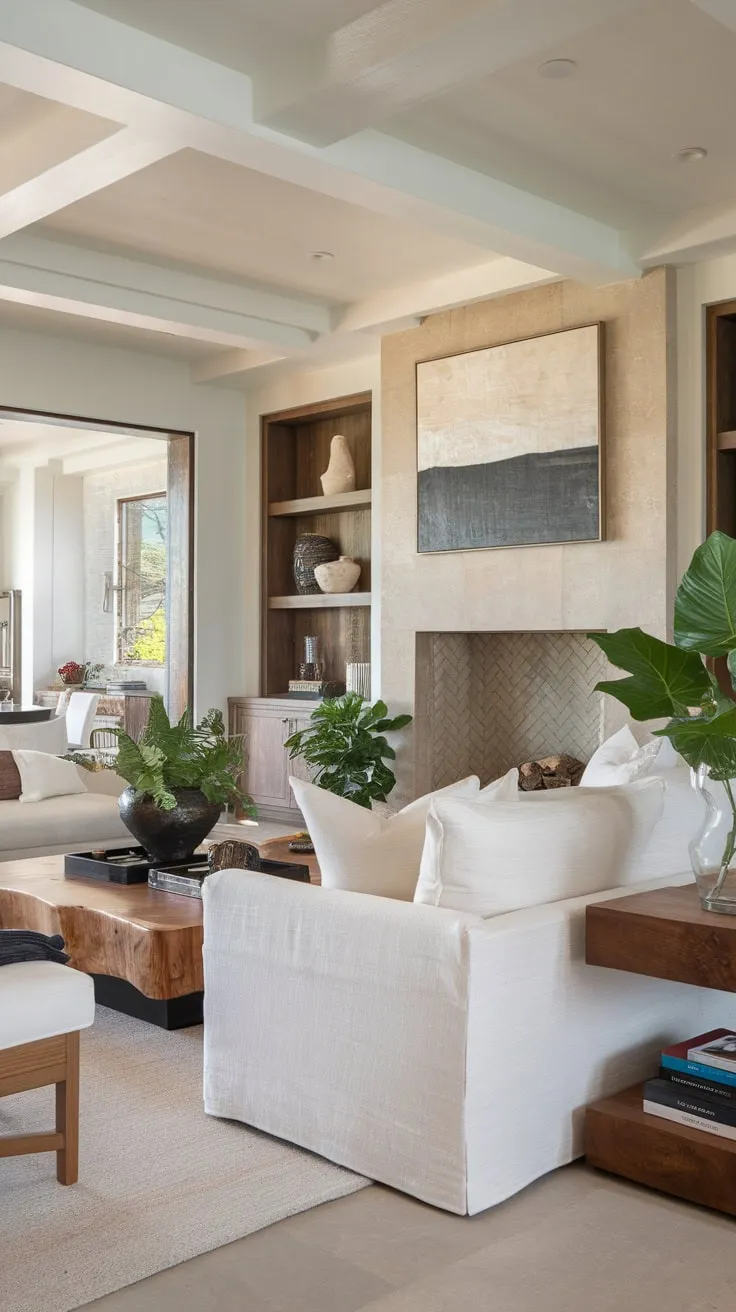 Spanish modern influences meet coastal serenity in this luxurious family living room, featuring a white sofa, wooden accents, and a calming fireplace.