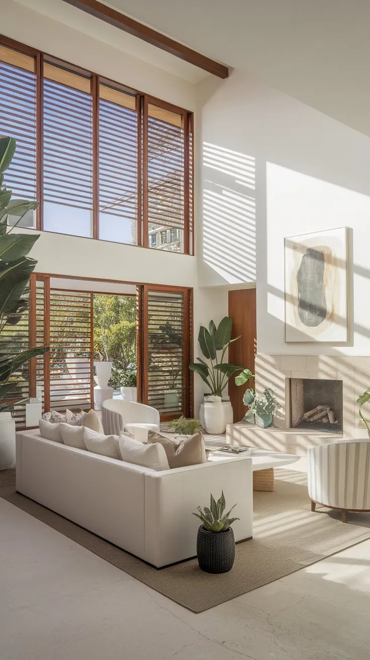 Coastal contemporary design meets Spanish modern in a luxurious living room, bathed in natural light and featuring a stone fireplace, plush white sofa, and calming greenery.