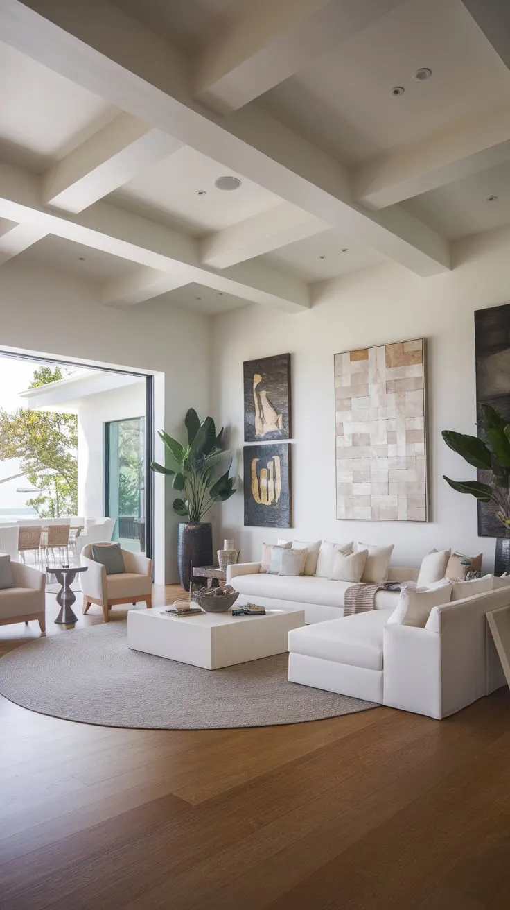 A spacious Santa Fe-style living room showcases modern luxury with a calming coastal design, featuring a white sofa, hardwood floors, and carefully curated artwork.
