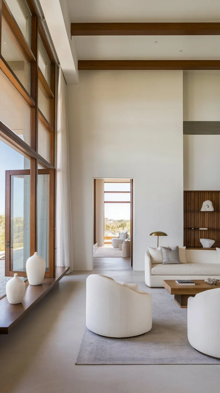High ceilings, white walls, and natural wood accents define this luxurious Spanish modern living room, offering a bright and airy space with stunning outdoor views.
