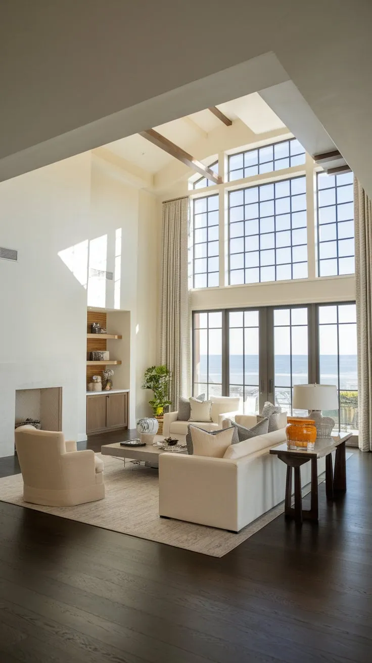 High ceilings and Spanish accents create a sophisticated coastal contemporary living space with breathtaking ocean vistas.