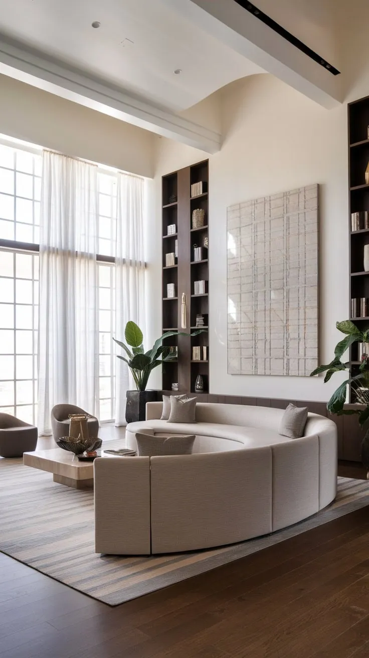 A Spanish modern luxury living room boasts a dramatic curved sofa, geometric art, and abundant natural light within a sophisticated, high-ceilinged space.