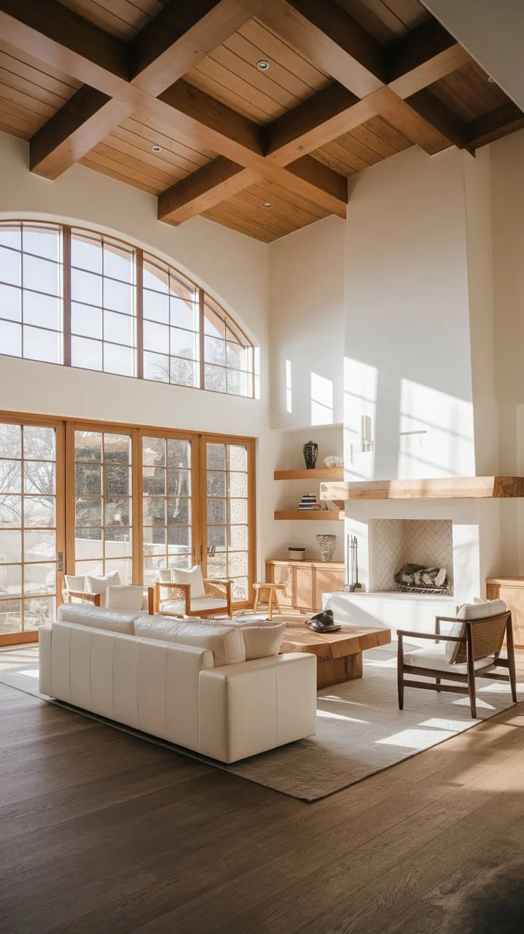 Bathed in natural light, a luxurious living room blends Spanish-style architecture with organic modern design, featuring a fireplace, white leather furniture, and wood accents.