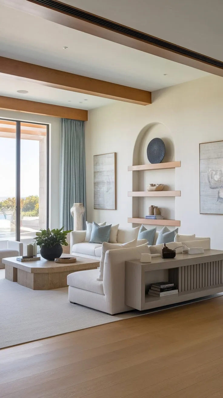 A sun-drenched modern living room blends coastal serenity with Southwestern flair, creating a luxurious and inviting space.