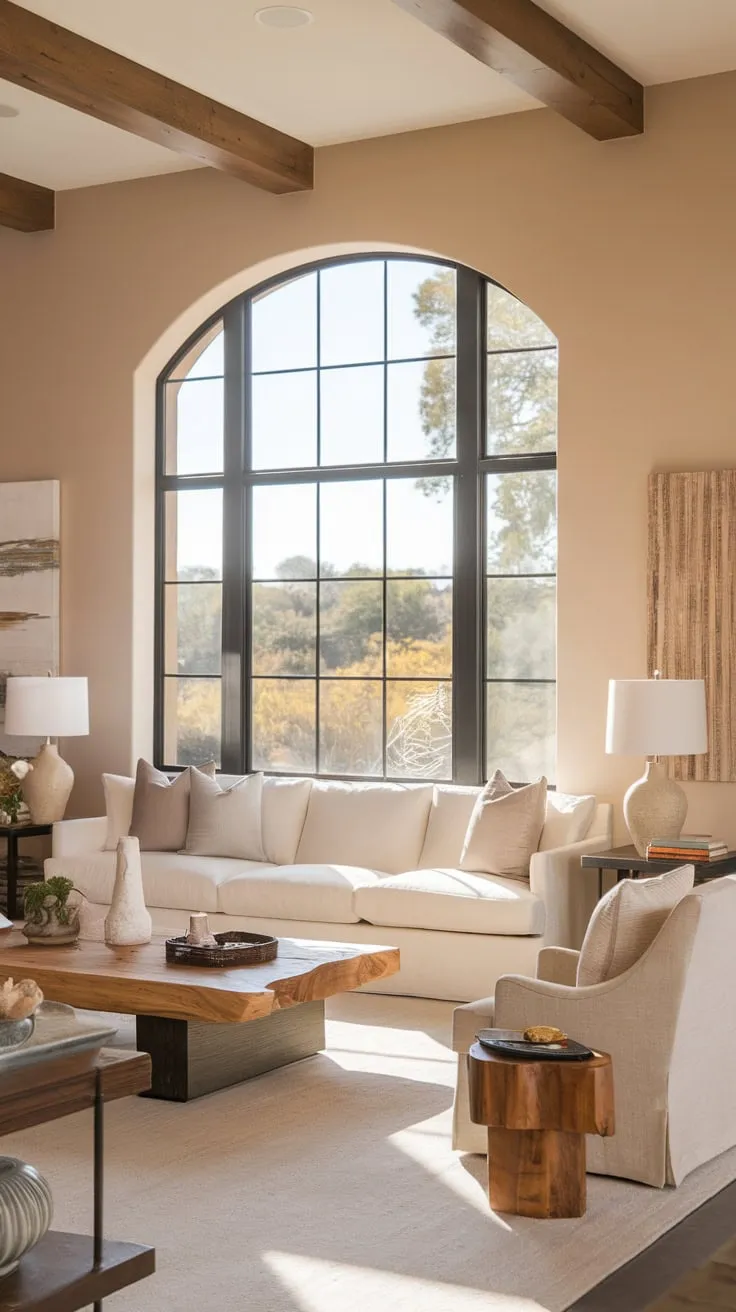 Organic modern design defines this luxurious living room, its soft beige palette and arched window showcasing a tranquil coastal-Santa Fe aesthetic.