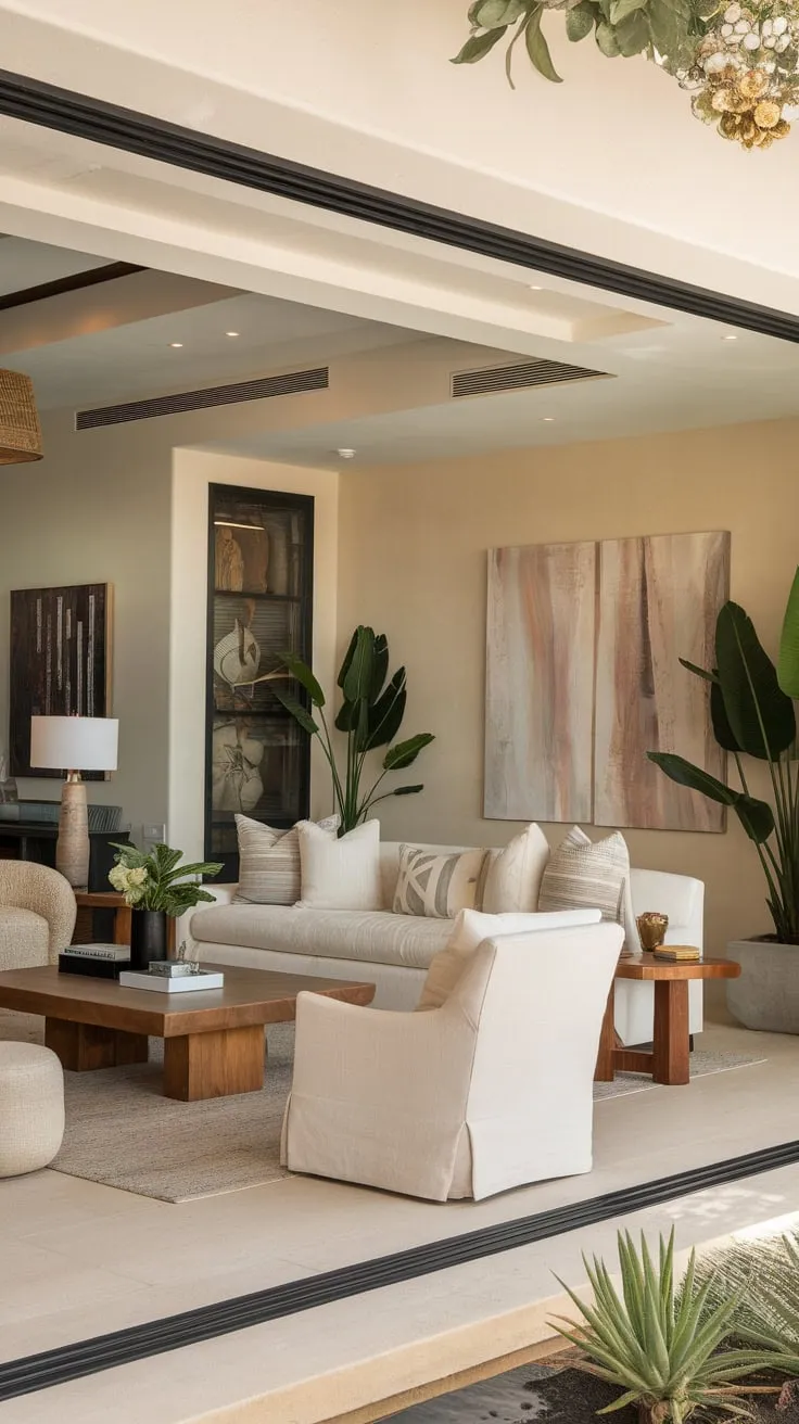 A sun-drenched Spanish modern living room blends organic and coastal styles for luxurious family living