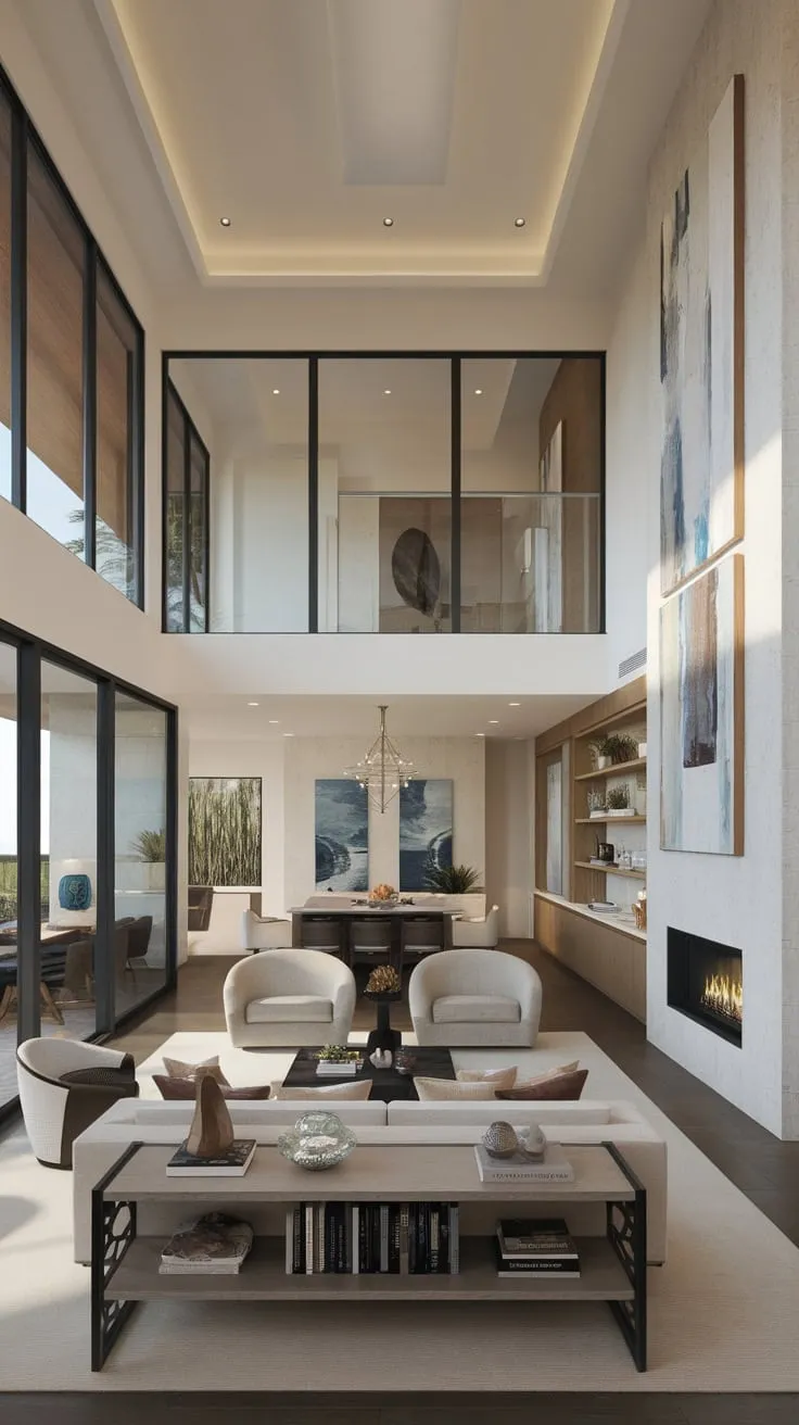 High ceilings and expansive windows define this luxurious living room, blending organic modern and Spanish modern styles for a sophisticated coastal retreat.
