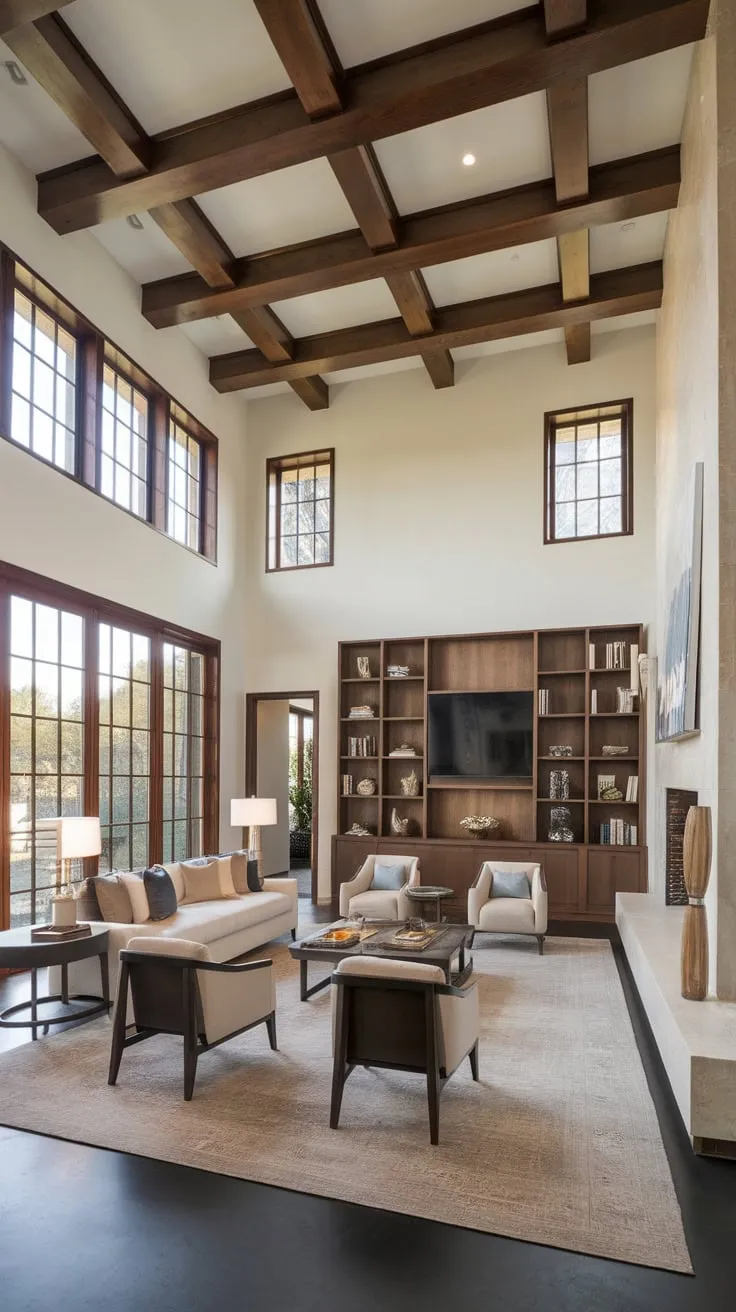 A spacious modern living room in a Spanish-style home boasts a stunning fireplace, comfortable seating, and abundant natural light, creating an atmosphere of refined elegance.
