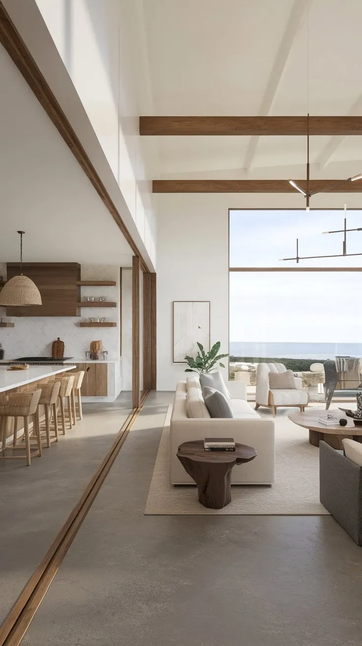 A sun-drenched modern living room boasts Spanish-inspired design, blending comfort with stunning ocean vistas.