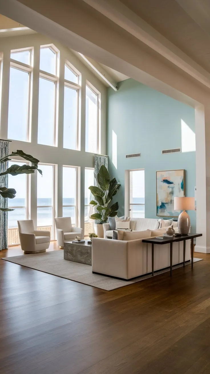 Ocean views and high ceilings define this luxurious Spanish-modern living room's coastal contemporary style