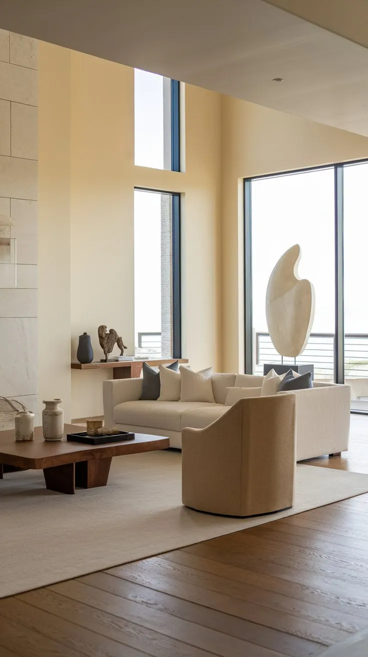 A sun-drenched, high-ceilinged space blends modern luxury with coastal and Spanish influences, creating a sophisticated and inviting living room.
