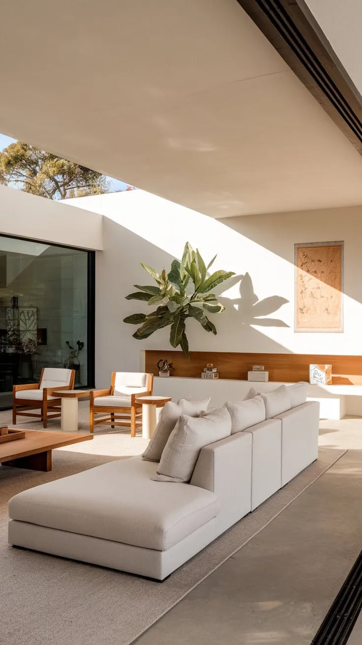 High ceilings and organic modern design elements create a serene yet luxurious Spanish-style living room.